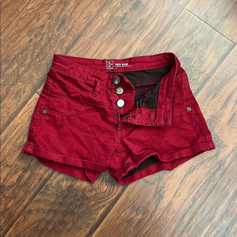 Red Mid-Rise Button Shorts
